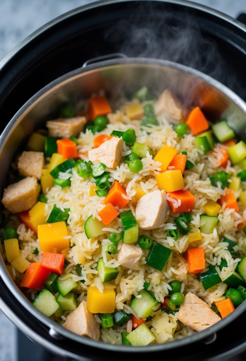 A colorful array of diced vegetables and tender chunks of chicken mixed with fluffy rice in a steaming pot